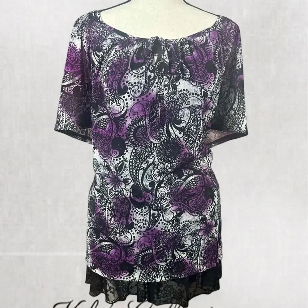 Fairy Dark Purple and Black Paisley Print Blouse with Front Tie